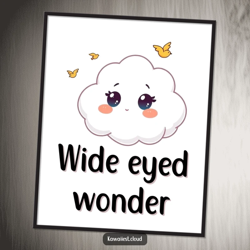 Funny digital art print of a cloud character with large, wide eyes, gazing in wonder at tiny birds flying in the sky.