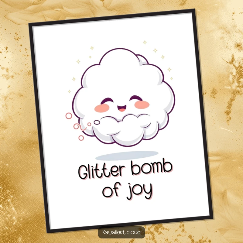 Funny digital art print of a giggling cloud spraying glittering mist, ready to download and display for humorous decor.