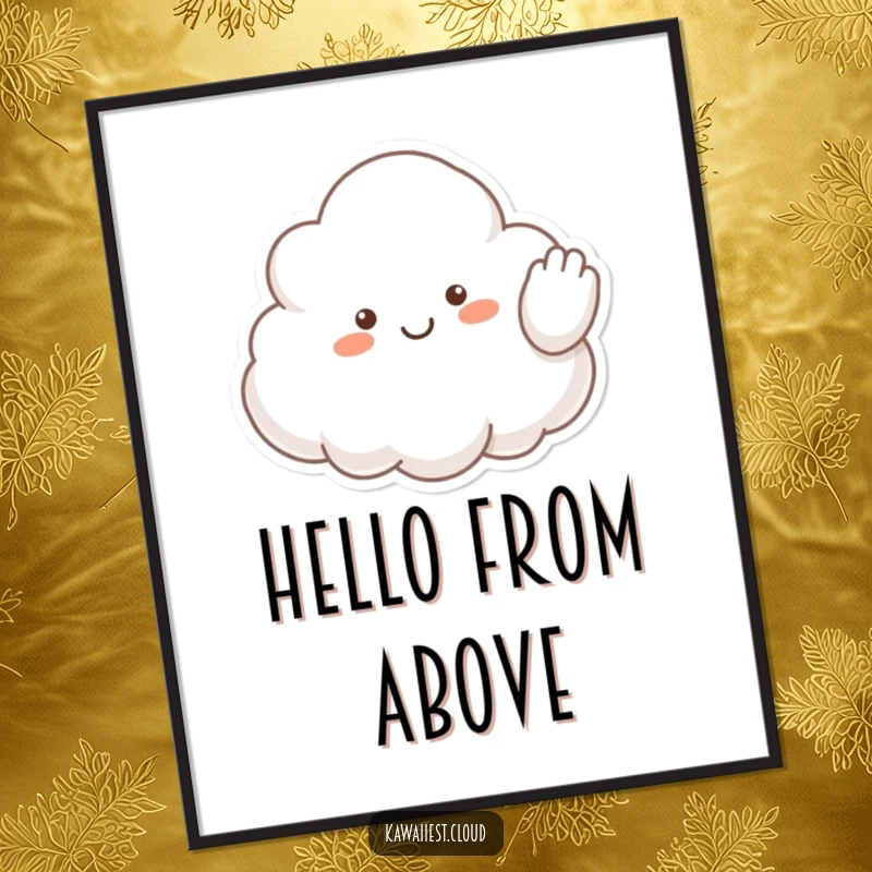 Funny digital art print of a cheerful cloud character waving a fluffy arm hello, symbolizing warmth and a friendly welcome.