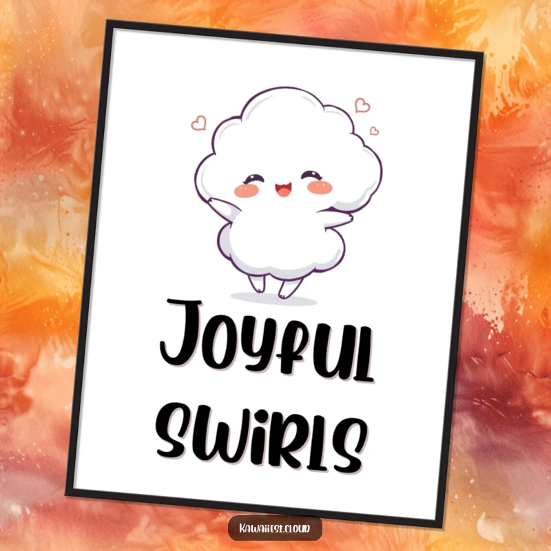 Funny Dancing Cloud Digital Art Print: High-resolution art of a delighted cloud character dancing with a gentle swirl, perfect for digital display.