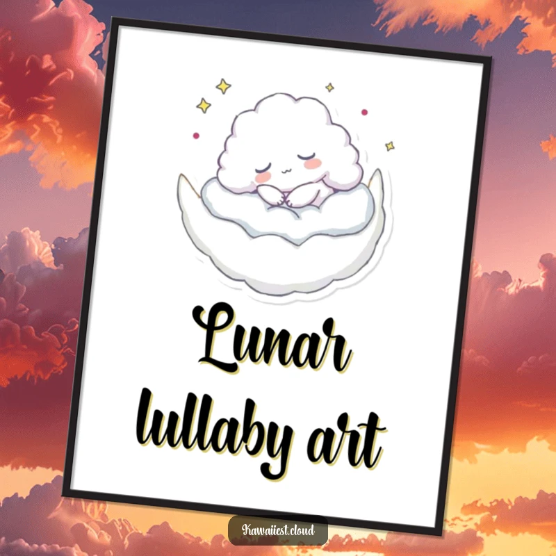 Funny digital art print of a cloud character napping on a crescent moon, ready to download for peaceful, humorous decor.