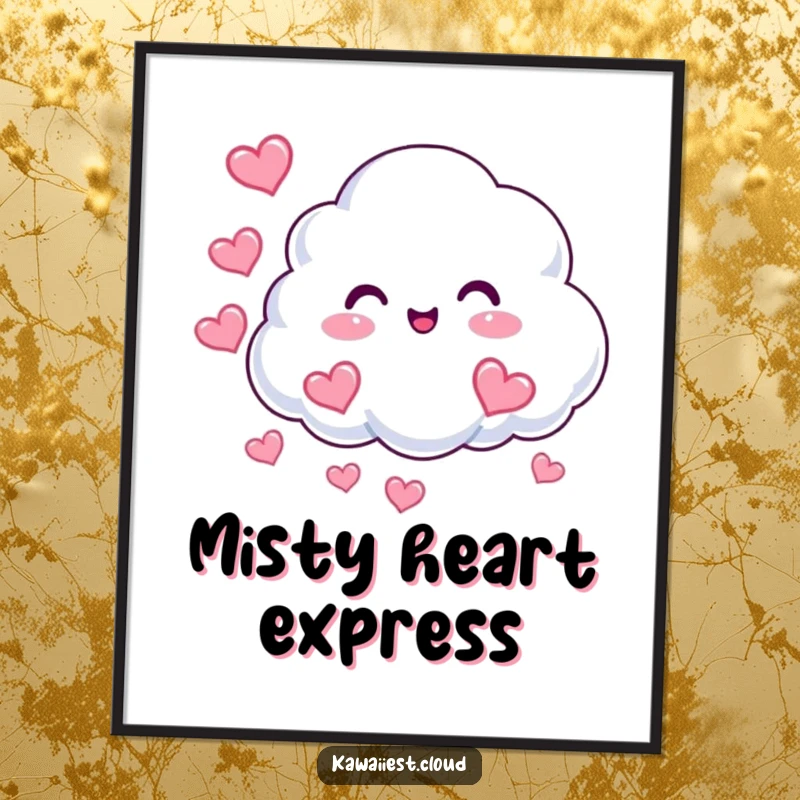 Funny Cloud Hearts Digital Art Print: A beaming cloud character puffs out heart-shaped mist, creating a loving and humorous scene.