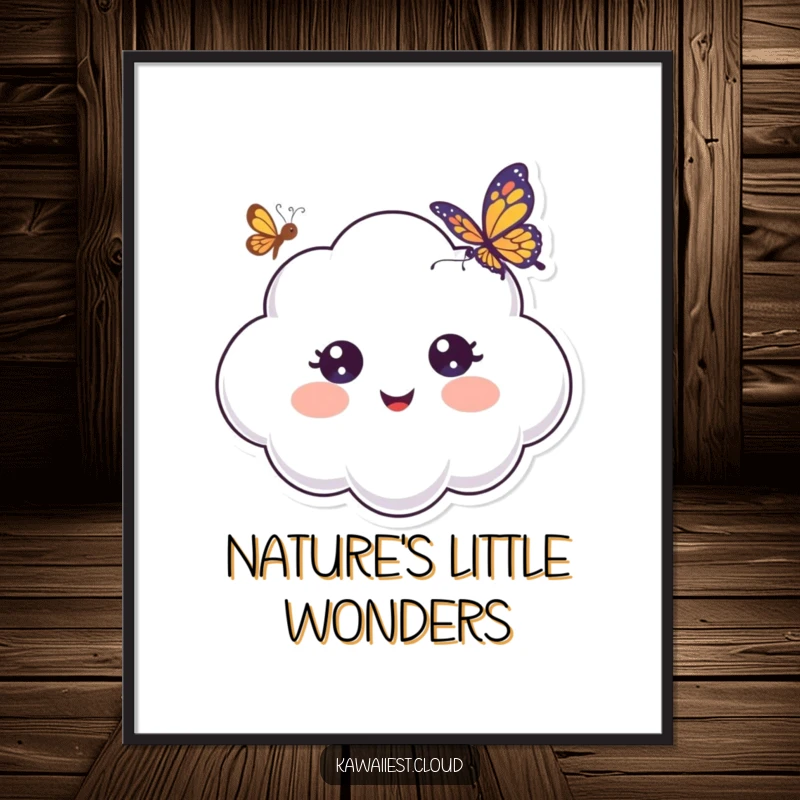 Funny Digital Art Print of a cheerful cloud character with wide, surprised eyes, observing a beautiful butterfly with awe.