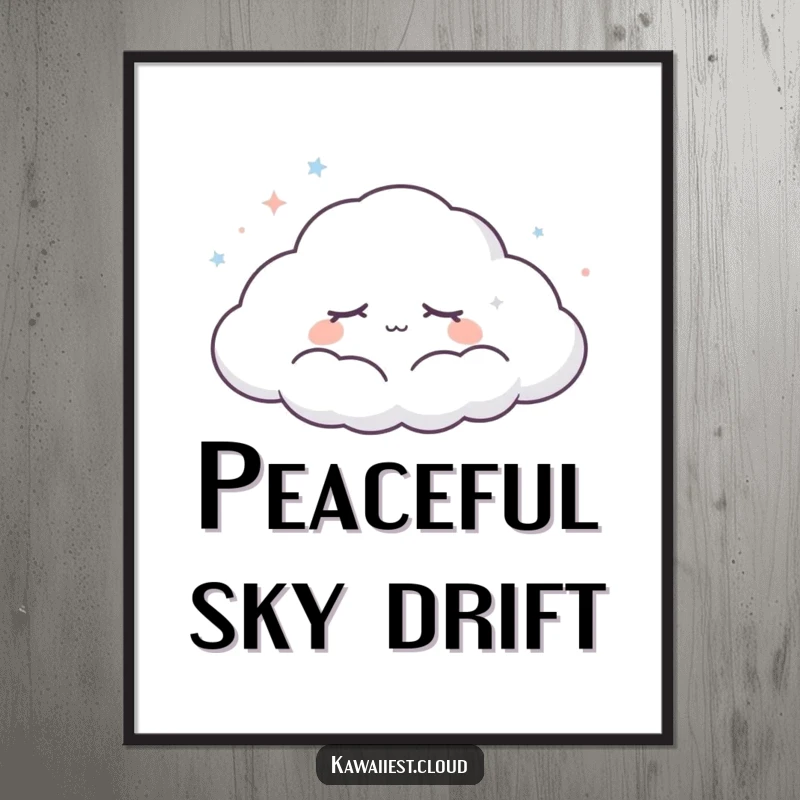 Funny Dreaming Cloud Digital Art Print: A peaceful cloud character with closed eyes drifts across the sky, creating a tranquil and humorous scene.