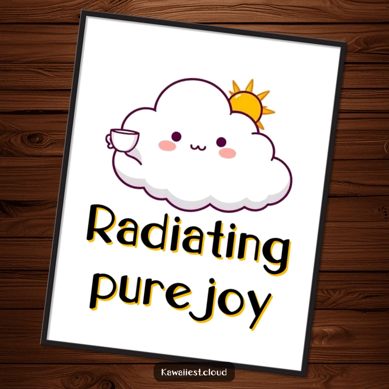 Funny digital art of a cloud character offering a cup of glowing sunshine with an outstretched arm. Instant warmth.