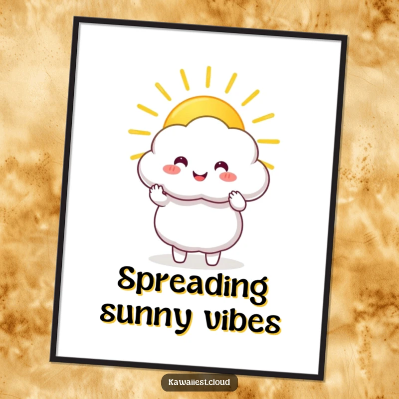 Funny Digital Art Print: Happy cloud character holding and sharing a large, golden sunbeam, radiating warmth and joy.