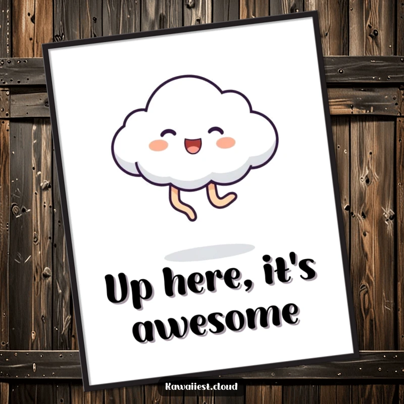 Funny Digital Art Print of a whimsical cloud character joyfully kicking its legs, full of playful energy and happiness.