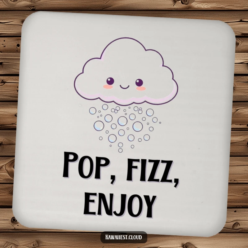 Funny Drink Coaster showing a cloud character releasing a stream of tiny, shimmering, iridescent bubbles.