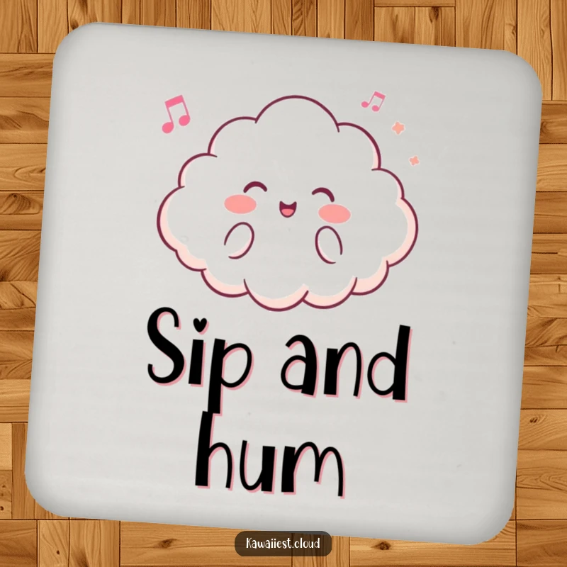 Funny drink coaster featuring a cloud character humming contentedly, protecting surfaces with a musical flair.