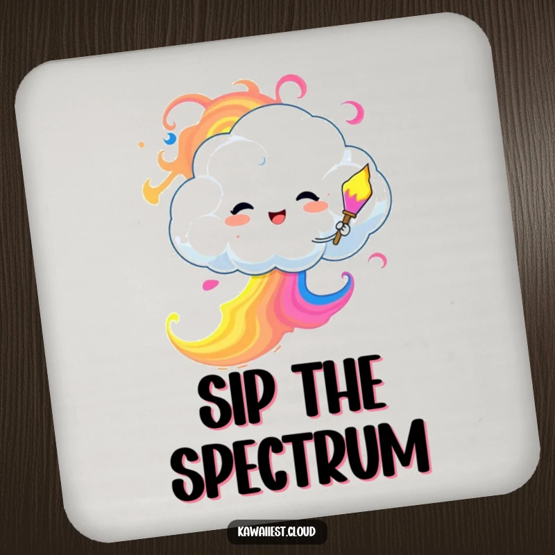Funny Coasters depicting a cloud character painting a beautiful, colorful sky with dynamic, swirling brushstrokes.