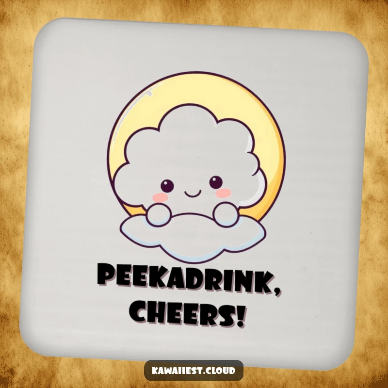 Funny drink coaster showcasing a cheerful cloud peeking from behind a moon, providing surface protection with humor.