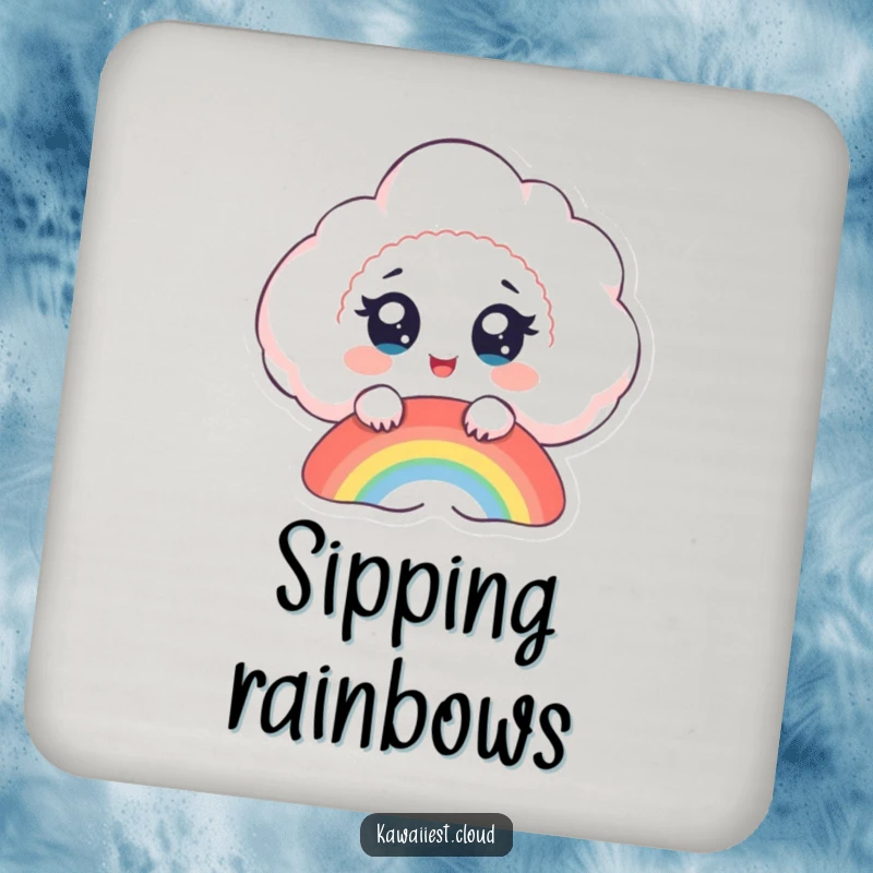 Funny cloud drink coasters, a delighted cloud with big eyes watches a rainbow form, adding whimsy and joy.