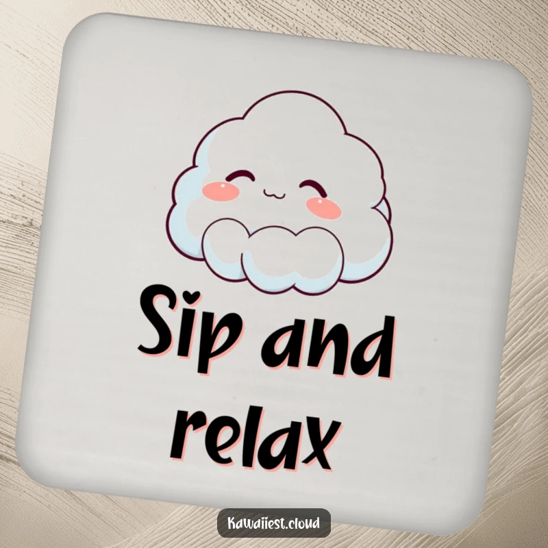 Funny drink coaster with a cloud character sighing contentedly, protecting surfaces with a touch of humorous serenity.