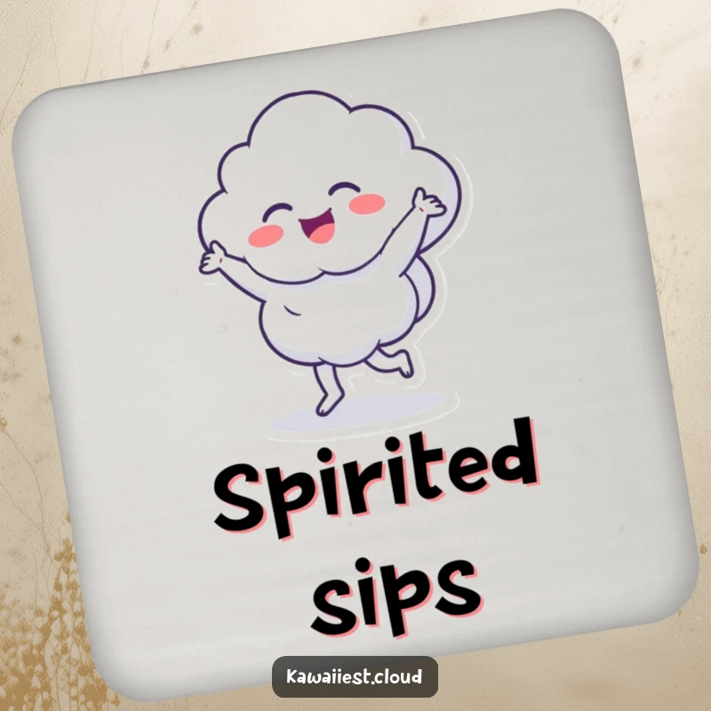 Funny drink coaster featuring a cloud character dancing energetically, protecting surfaces with a humorous and cheerful artistic flair.