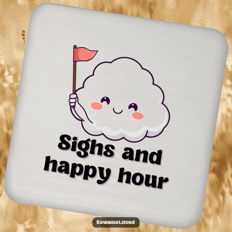Funny drink coaster featuring a happy cloud character waving a flag, providing surface protection with peaceful humor.