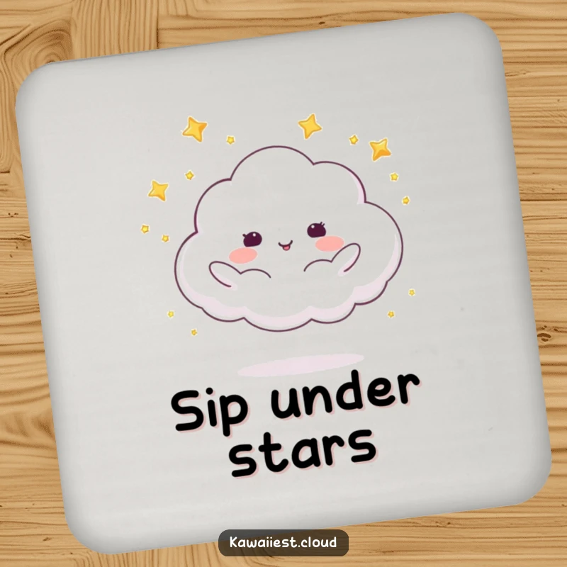 Funny drink coaster with a cloud character juggling shimmering stars, adding a touch of celestial magic to any table.