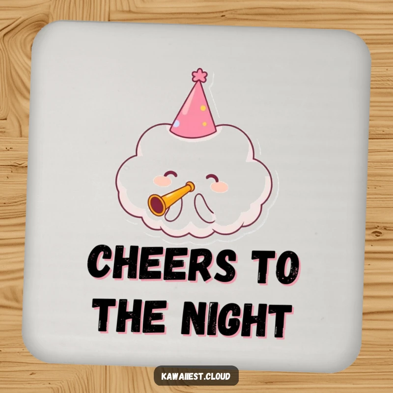 Funny Coasters depicting a cloud character in a party hat, playing a tiny trumpet with joyful sounds.