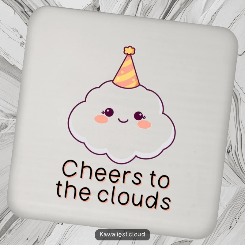 Funny Drink Coaster showing a happy cloud character wearing a tiny, colorful party hat.