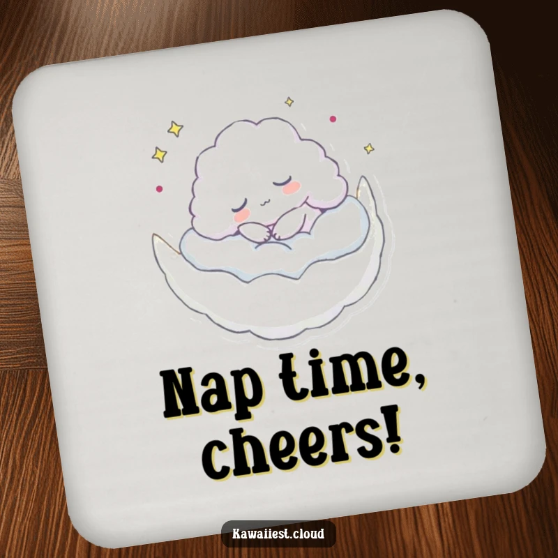 Funny drink coaster featuring a cloud character napping on a moon, providing surface protection with peaceful humor.