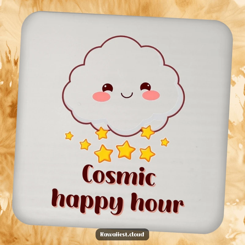 Funny drink coaster featuring a smiling cloud character with rosy cheeks throwing a handful of sparkling stars. Protective and magical.