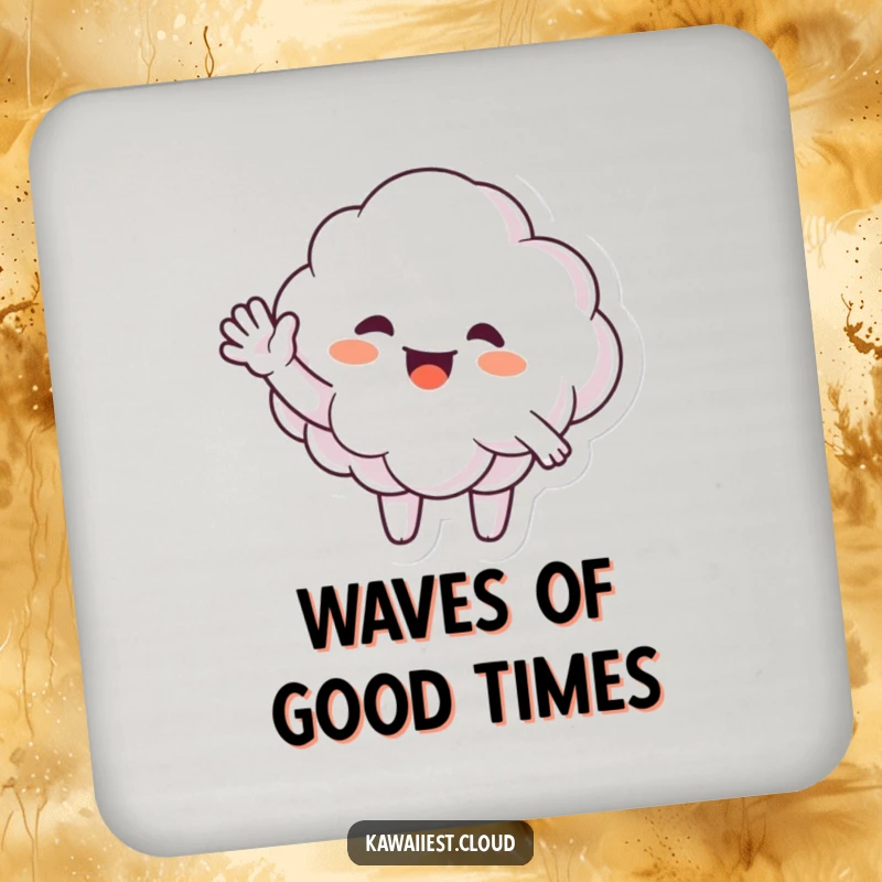 Funny Drink Coaster showing a happy cloud character giving a large, enthusiastic, and friendly wave.
