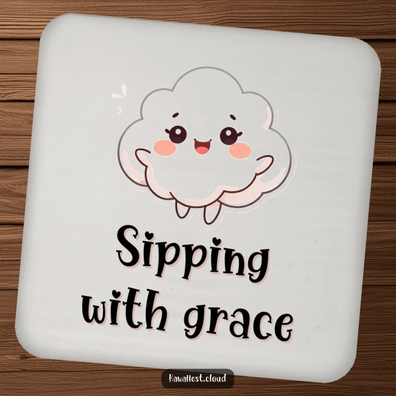 Funny drink coaster featuring a cloud character dancing with joyful eyes in a soft breeze. Protective and whimsical.