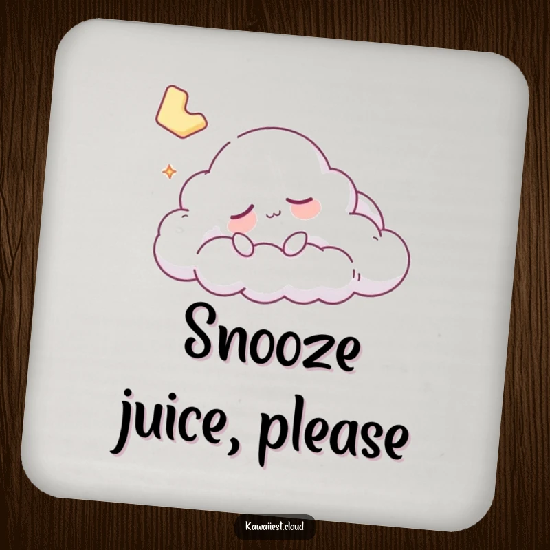 Funny sleepy cloud character sleeping soundly on a drink coaster, protecting surfaces with humor.