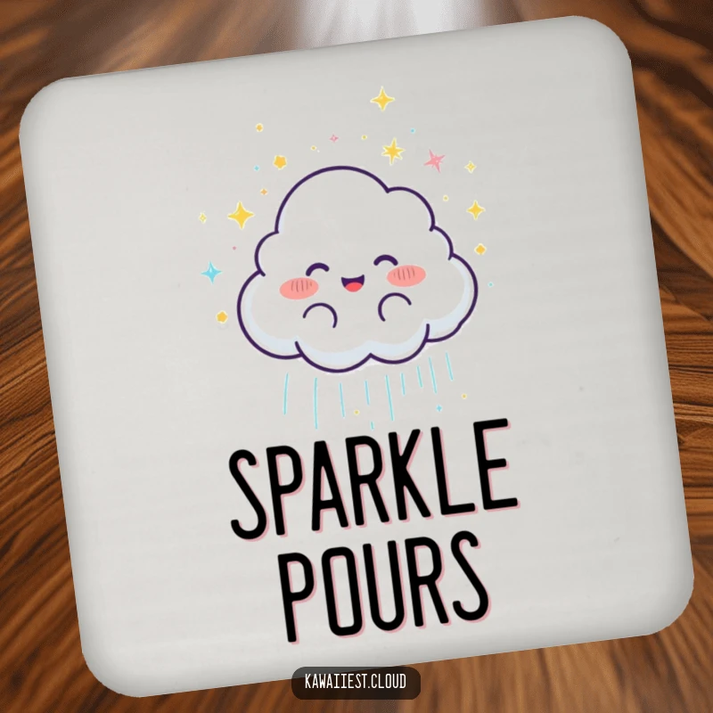 Funny Joyful Cloud Rain Coasters: A set of coasters featuring a joyful cloud character showering glittery rain, adding whimsical magic.