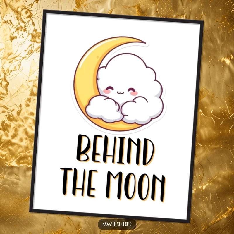 Funny Cloud Poster illustrating a mischievous character hiding behind a crescent moon, ideal for wall decor.