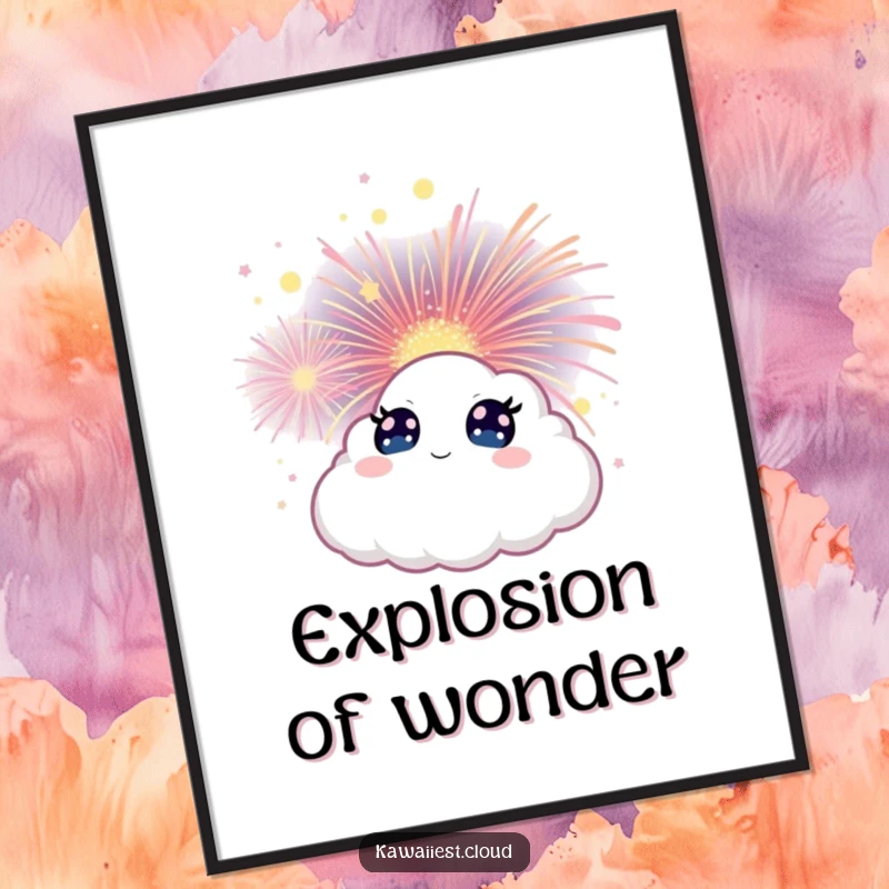 Funny Cloud Poster illustrating a character with wide eyes, mesmerized by a blooming, magical firework.