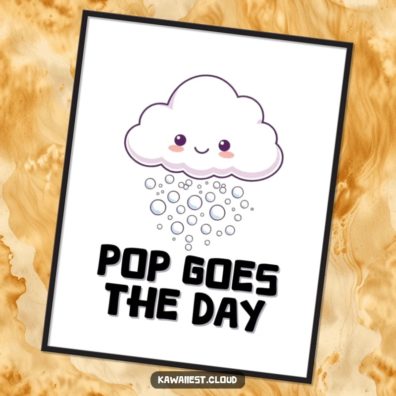 Funny Poster illustrating a cloud character gently releasing a stream of tiny, shimmering, iridescent bubbles.