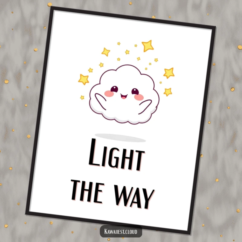 Whimsical funny cloud character launching glowing fireflies across the night sky on this enchanting art print.