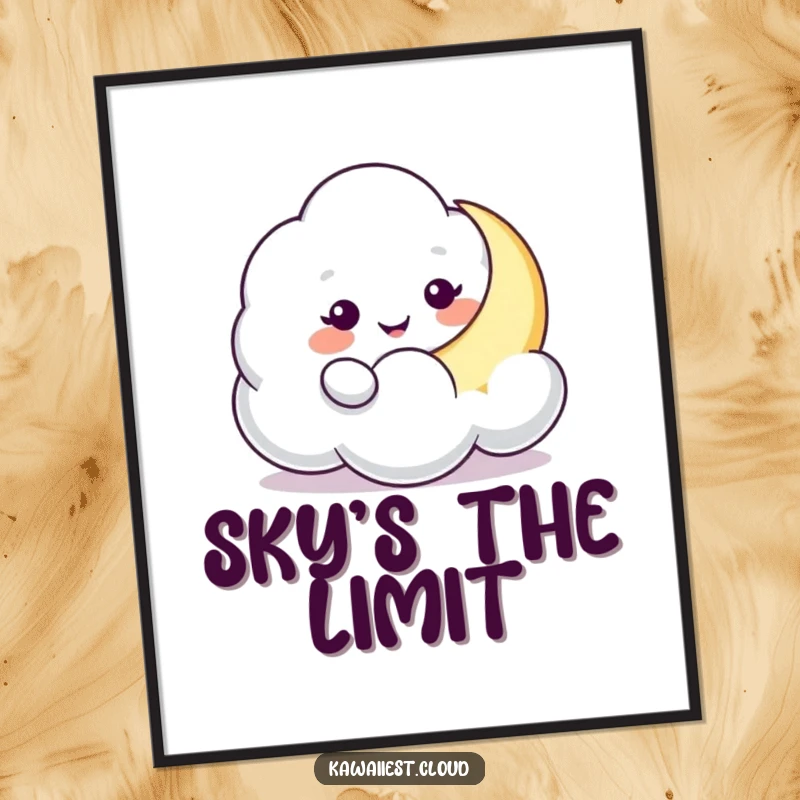 Funny Cloud Moon Nudge Poster: A playful cloud character gently nudges a crescent moon, creating a whimsical and humorous celestial artwork.