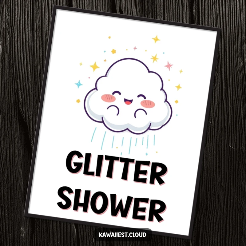 Funny Joyful Cloud Rain Poster: A whimsical art print of a joyful cloud character showering glittery rain, adding magic to any room.