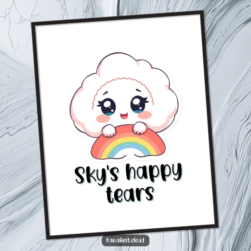 Funny cloud poster, a delighted cloud with big eyes watches a rainbow form, bringing whimsy and joy to decor.