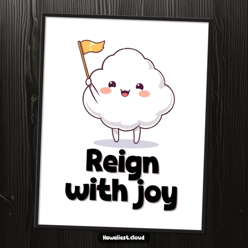 Funny Poster: A delightful cloud character happily waving a tiny, shimmering flag, spreading positivity and cheer.
