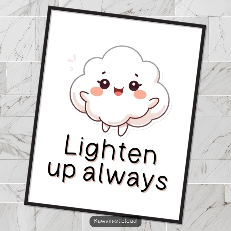 Funny poster print of a cloud character dancing with eyes full of joy in a soft, depicted breeze. Uplifting wall decor.