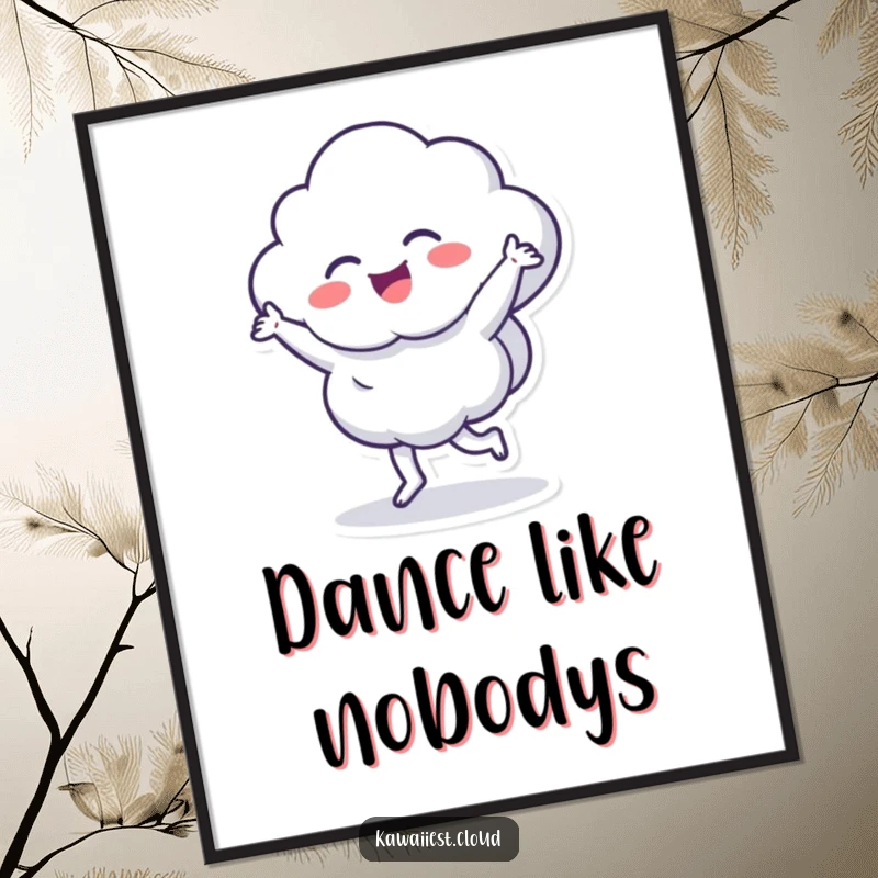 Funny poster showcasing a cloud character dancing with high energy, bringing a joyful and humorous artistic statement to any wall.