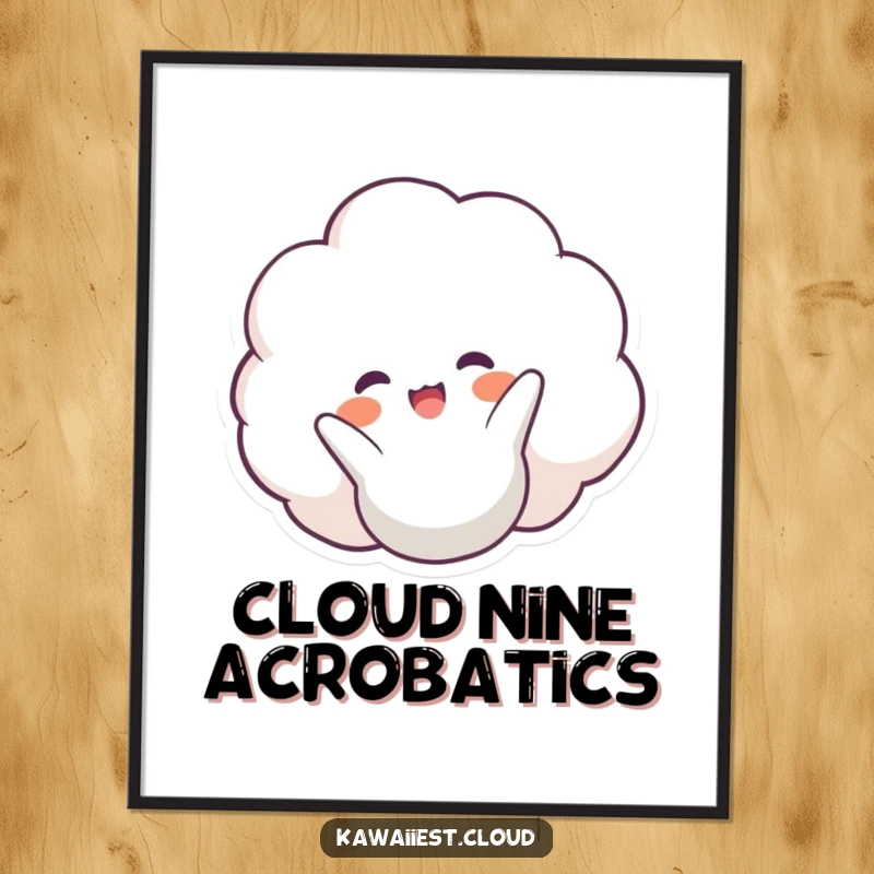 Funny Happy Cloud Poster: Cheerful wall art of a smiling cloud character performing a lively somersault, spreading joy.