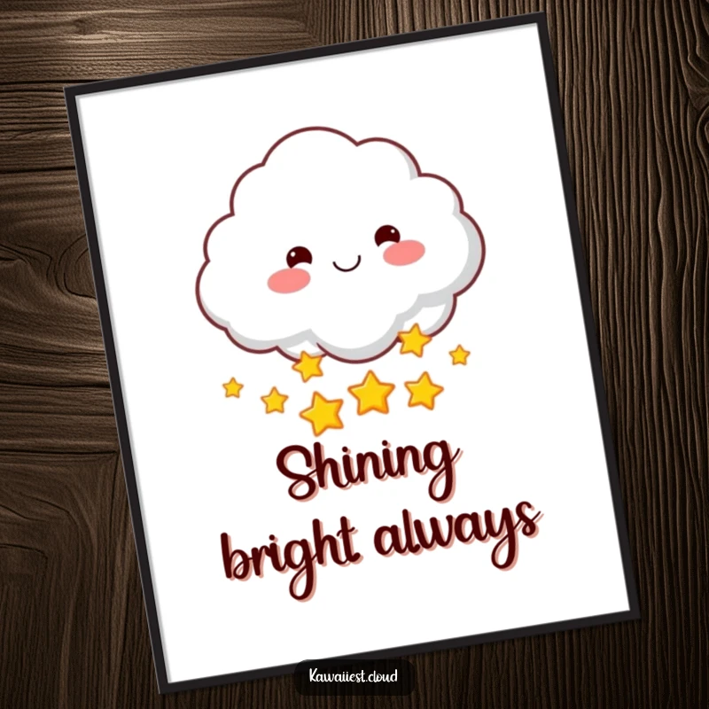 Funny poster showcasing a smiling cloud character with rosy cheeks, throwing a shower of twinkling stars. Magical and humorous decor.