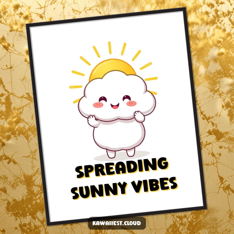 Funny Poster: A happy cloud character holding and sharing a large, golden sunbeam, bringing light and joy.
