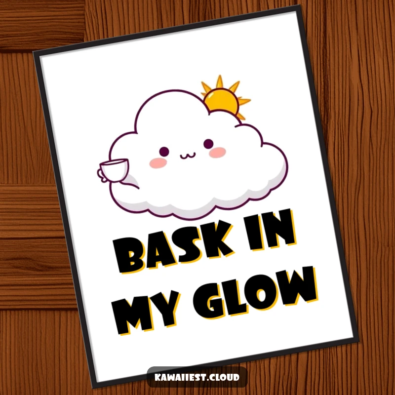 Funny poster print of a cloud character offering a cup of glowing sunshine with an outstretched arm. Positive and humorous decor.