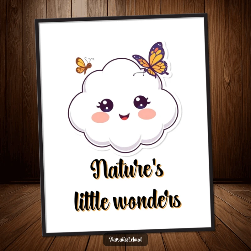 Funny Poster illustrating a cheerful cloud character with wide, surprised eyes reacting to a butterfly fluttering playfully nearby.