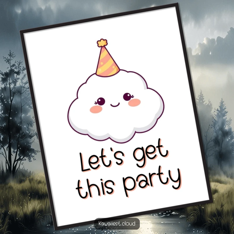 Funny Poster illustrating a happy cloud character wearing a tiny, colorful party hat, ready for a celebration.