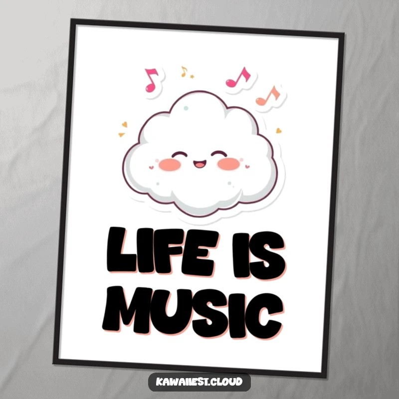 Funny poster capturing a cloud character giggling with delight amidst a swirl of tiny, dancing musical notes.