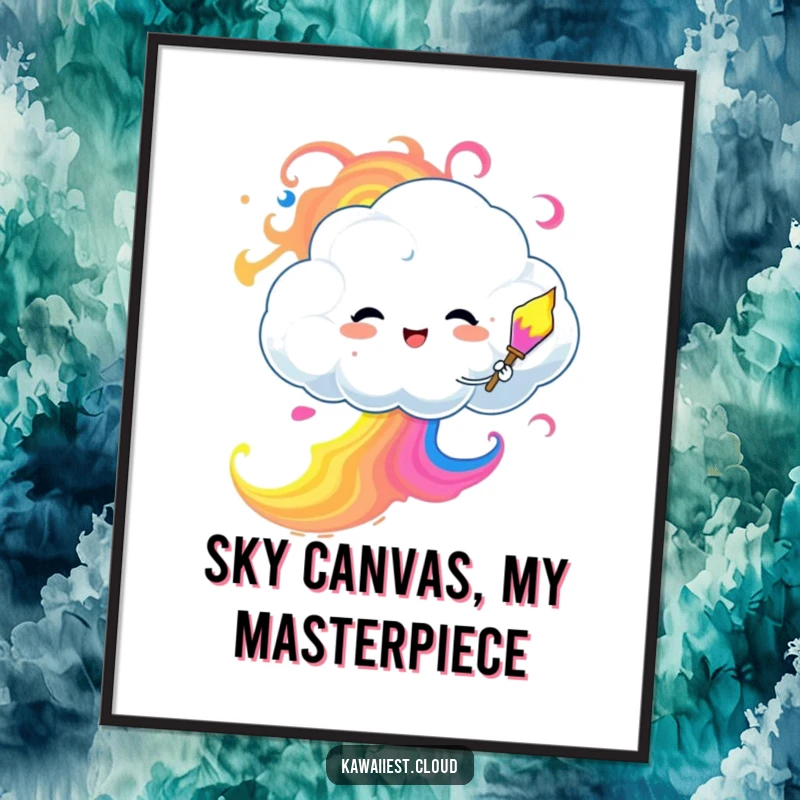 Funny Poster capturing a whimsical cloud character painting a masterpiece of vibrant, swirling colors across the sky.