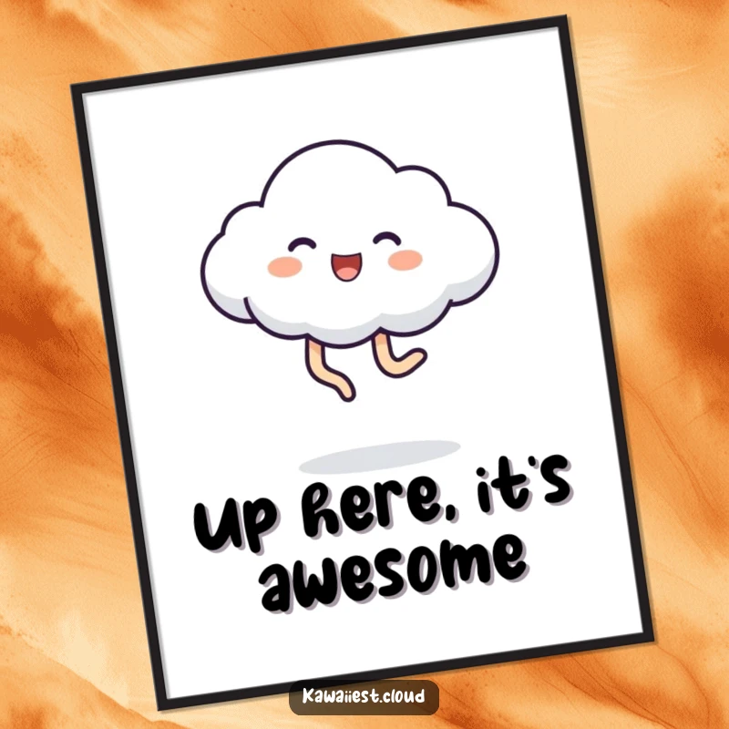 Funny Poster of a cloud character energetically kicking its legs mid-air, captured in a moment of pure, unadulterated jumping joy.