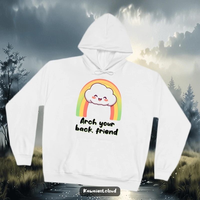 Funny Hoodie: A delighted cloud character creating a perfect, vibrant rainbow arch, cozy and colorful.