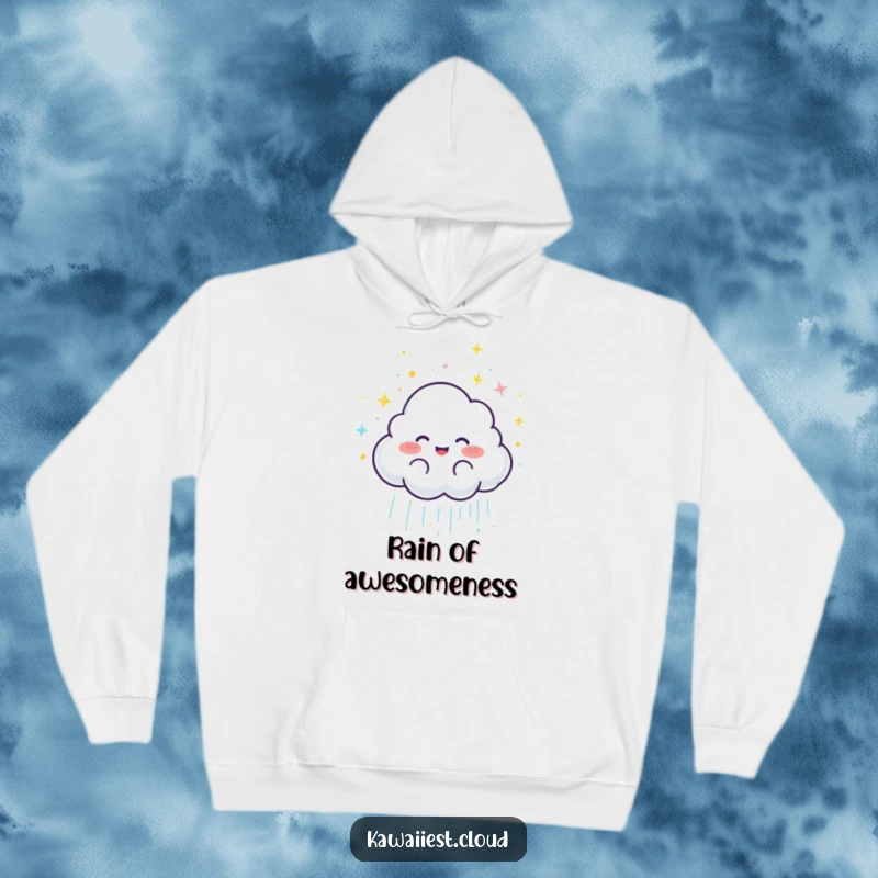 Funny Joyful Cloud Rain Hoodie: A soft hoodie featuring a joyful cloud character showering glittery rain, offering cozy magic.