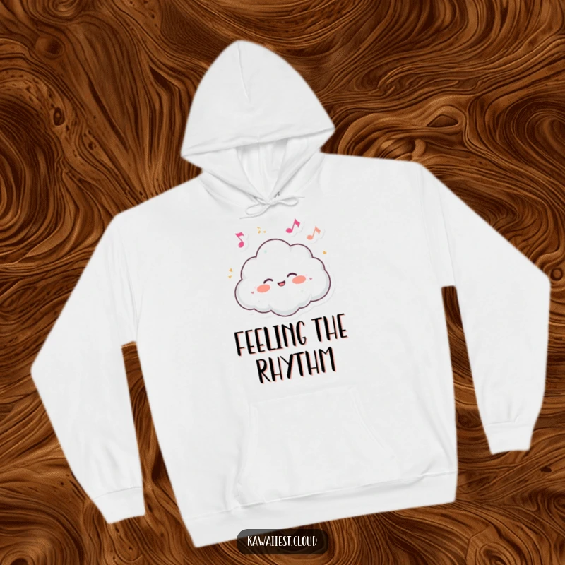 Funny hoodie showcasing a cloud character giggling merrily as delightful, tiny musical notes dance around it.